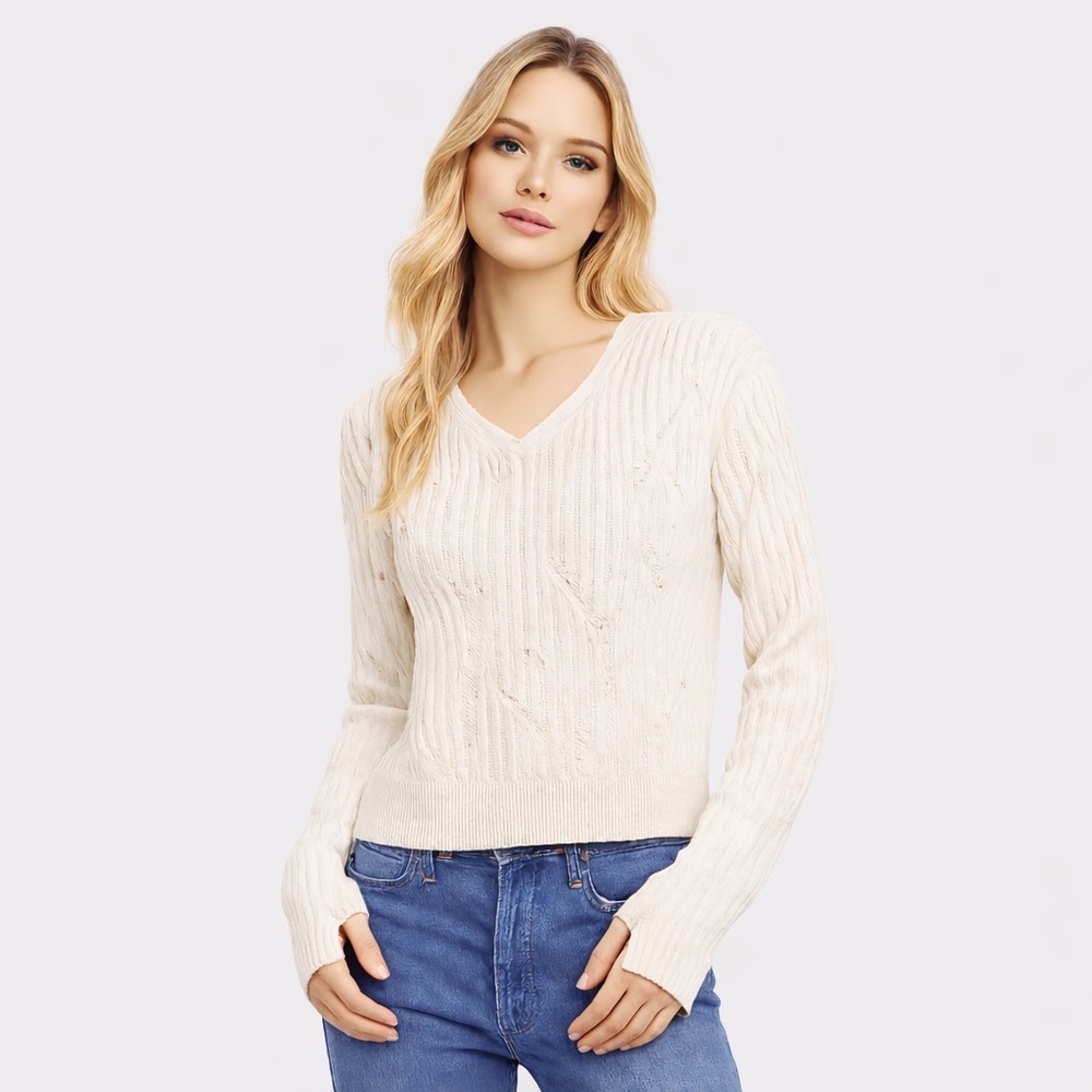 Helmut Lang Ivory Distressed Ribbed V-Neck Sweater Thumbhole Sleeves, XS